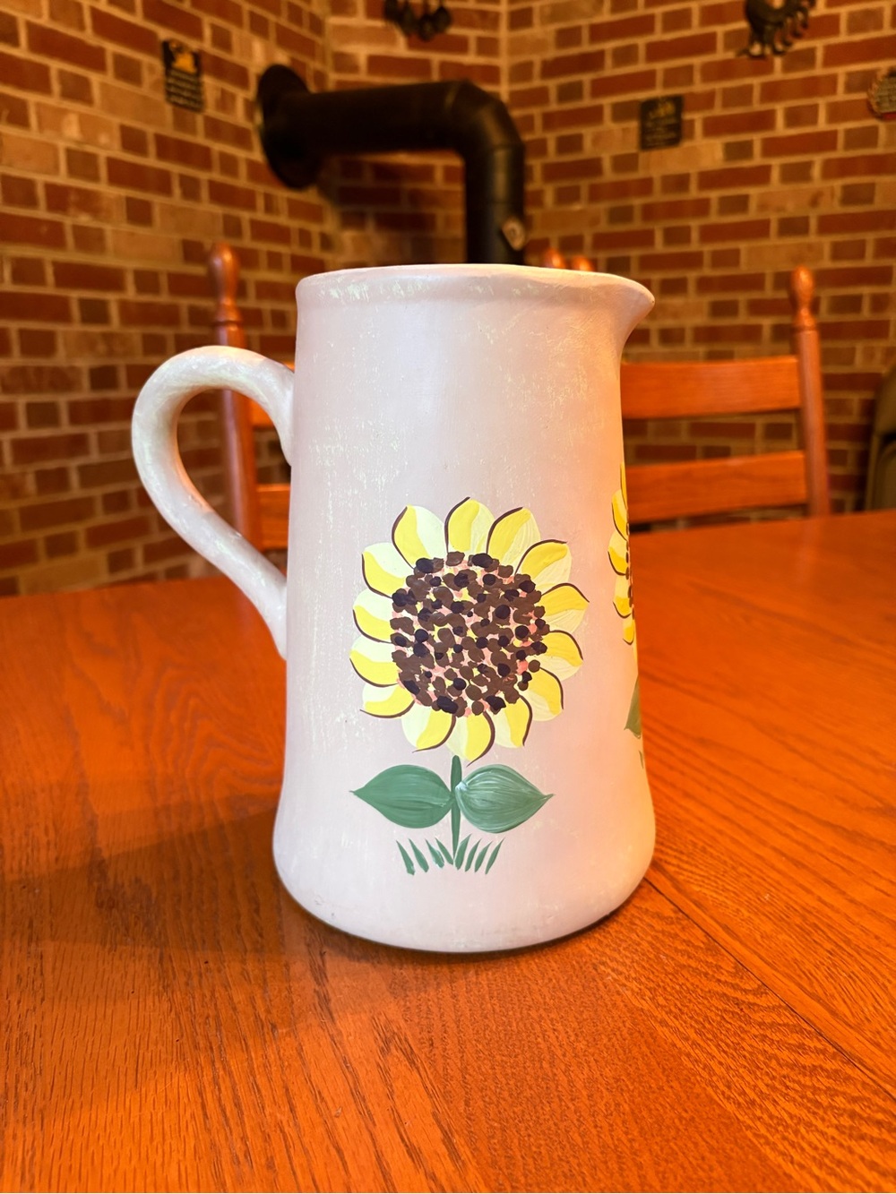 Hand-Painted Decorative Sunflower Ceramic Pitcher - Pale Peach Colored
